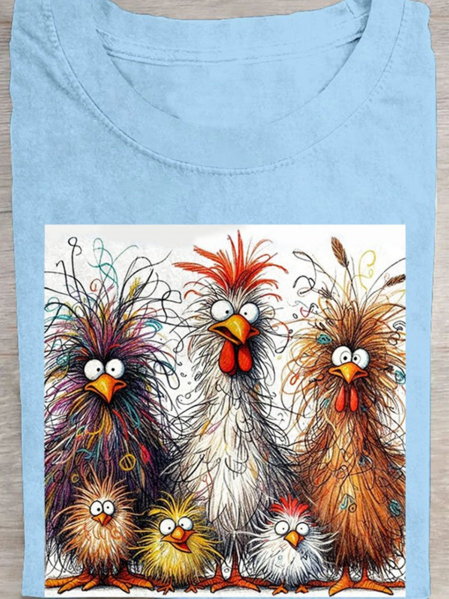 Fashion Casual Cute Chicken Animal Pattern Crew Neck Short Sleeve Cotton T-Shirt