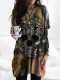 Multi Casual Graphic Tops Round Neck Long Sleeve Skull Printed with Pockets Halloween Sweatshirt