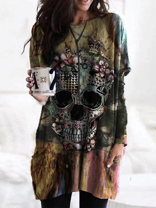 Multi Casual Graphic Tops Round Neck Long Sleeve Skull Printed with Pockets Halloween Sweatshirt