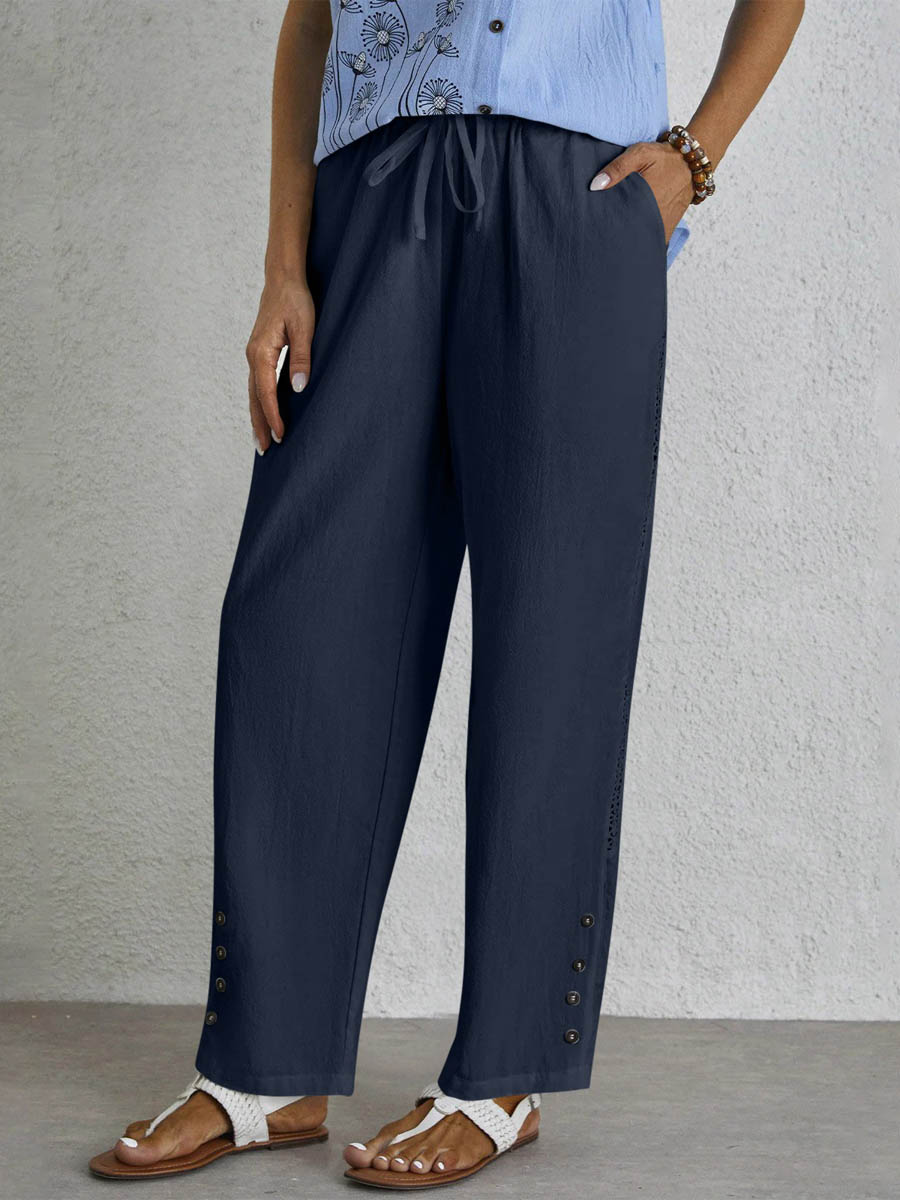 Women's Stylish Drawstring Buttoned Pocket Casual Cotton And Linen Pants