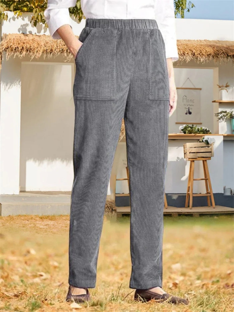 Women's Solid Color Elastic Waist Casual Corduroy Straight Leg Pants