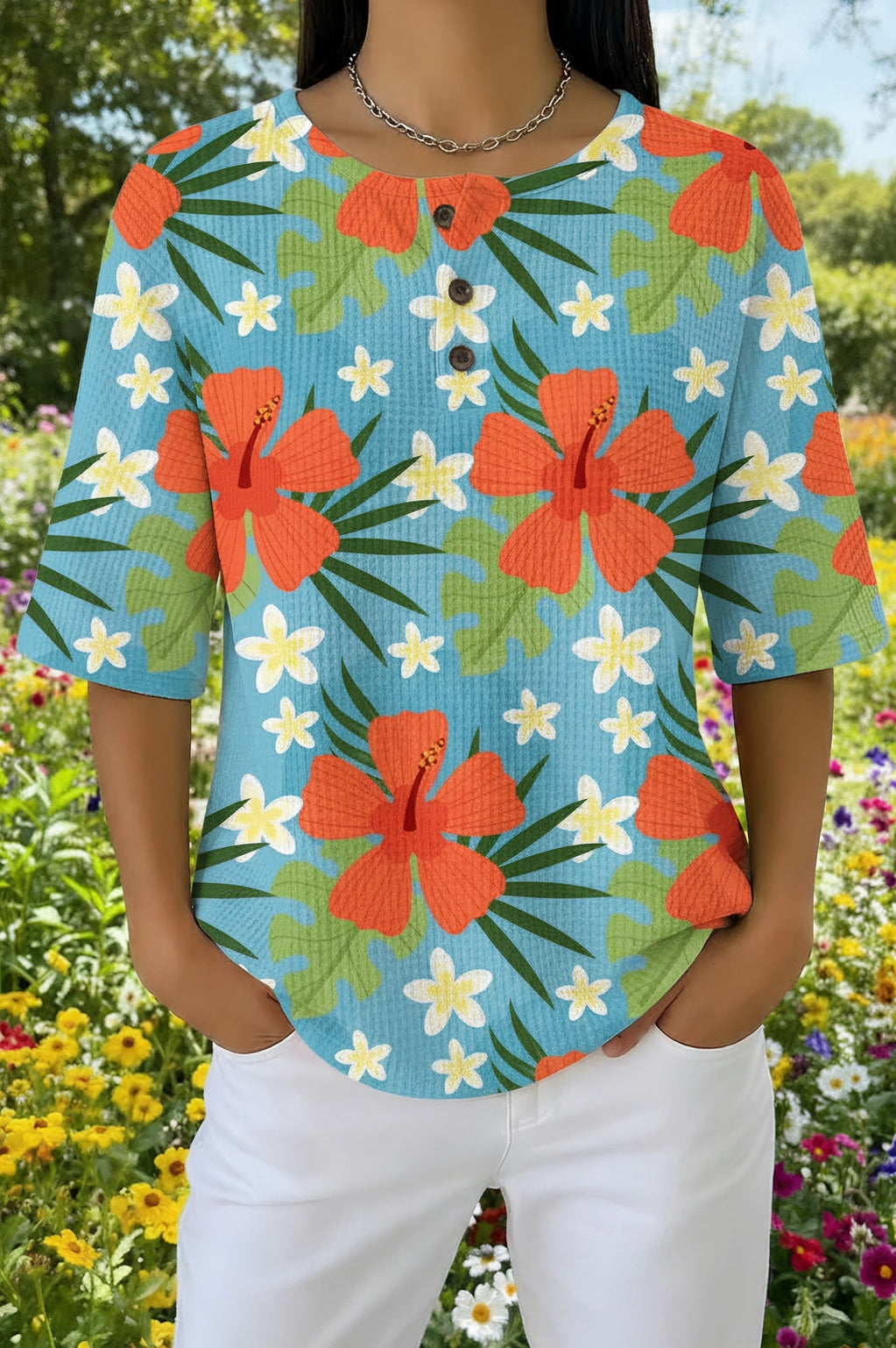 Womens Teal Orange Floral Print Casual Henley Shirt