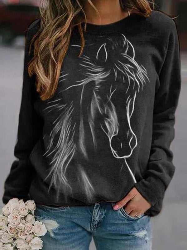 Black Casual Round Neck Long Sleeve Horse Printed Sweatshirts