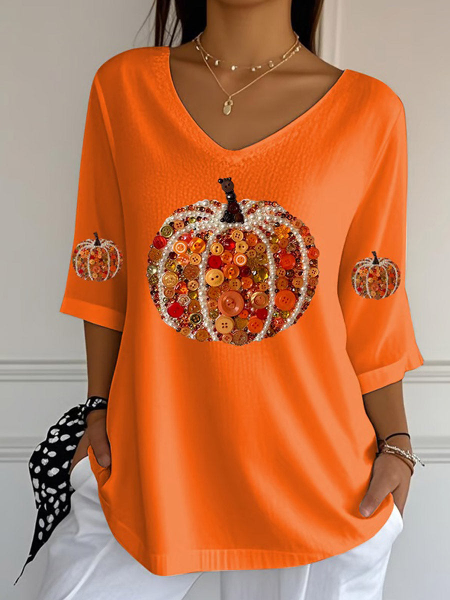 Women's Autumn Printed Casual V-Neck 3/4 Sleeve Top