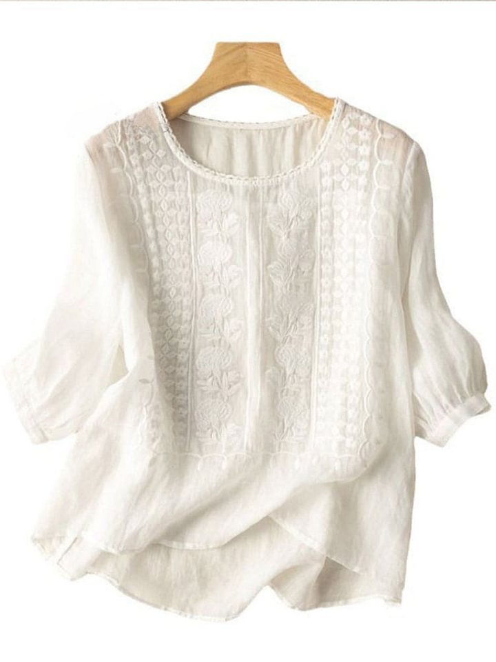 Women's Mid Sleeve Cotton And Linen Embroidery Blouse RB153