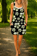 Women’s Black White Daisy Print Casual Cotton Wide Leg Romper
