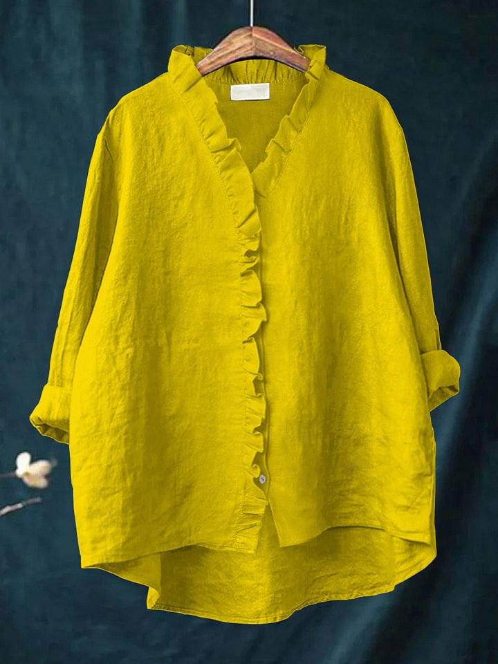 Women's Casual Cotton And Linen Ruffle Shirt RB146
