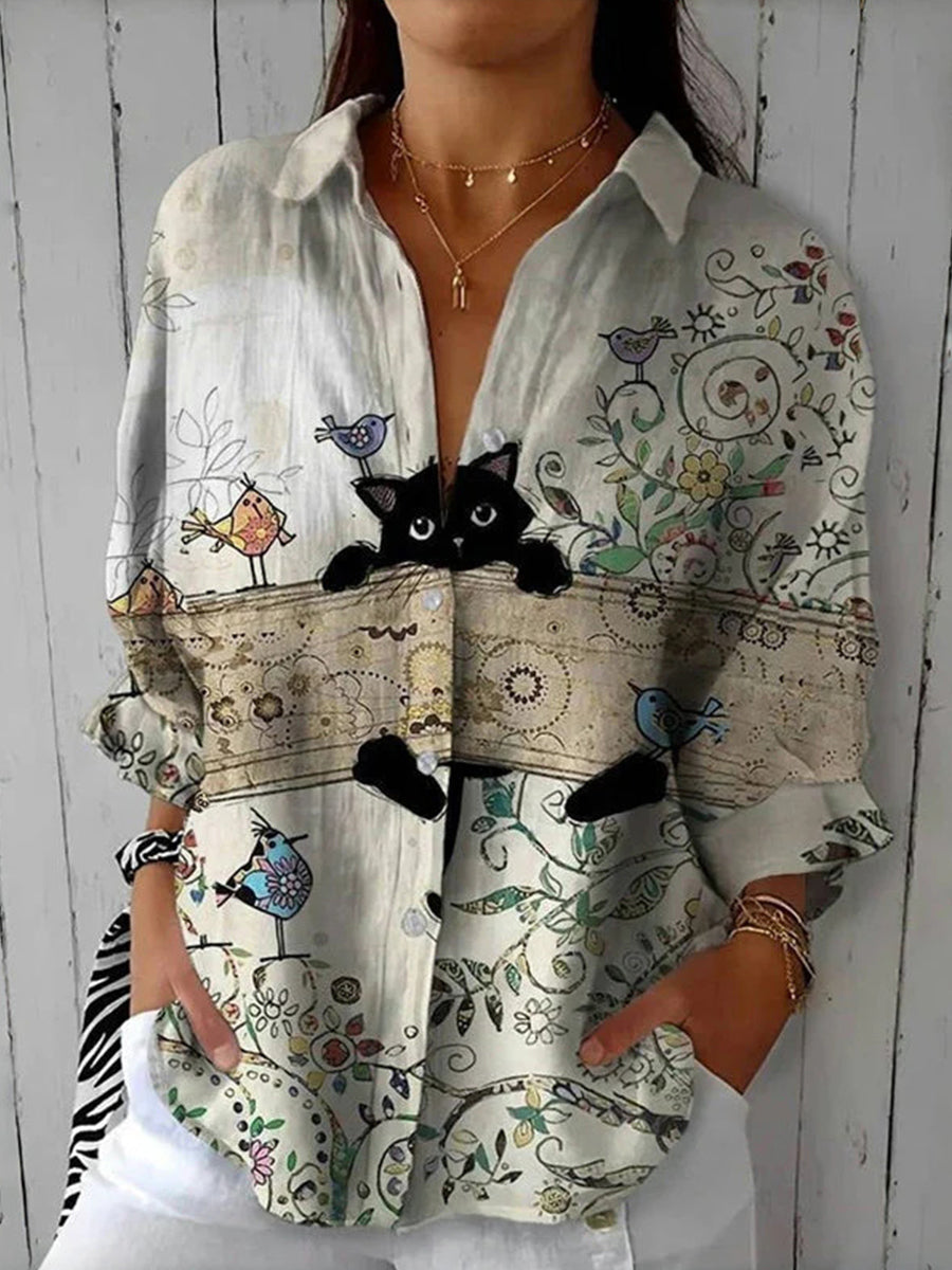 Vintage Creative Cat Print Blouse