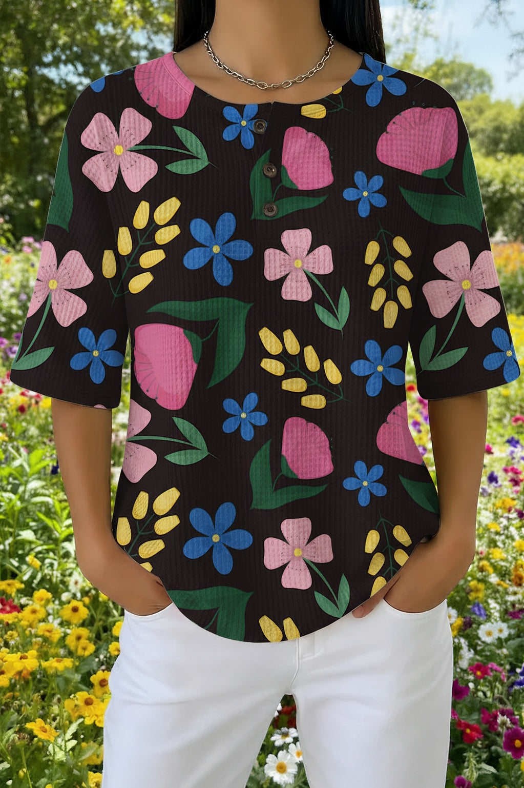 Womens Black Multi-Color Floral Print Casual Shirt