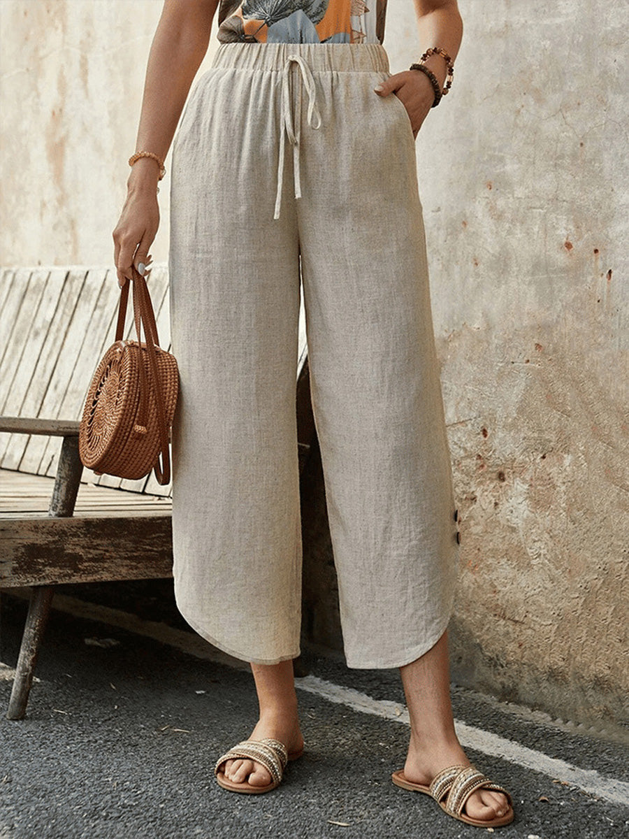 Women's Cotton And Linen Drawstring Nine-Quarter Casual Pants