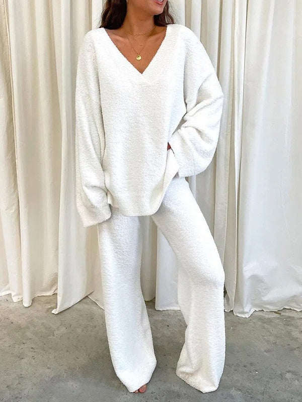 White Solid Casual Sweater Suit