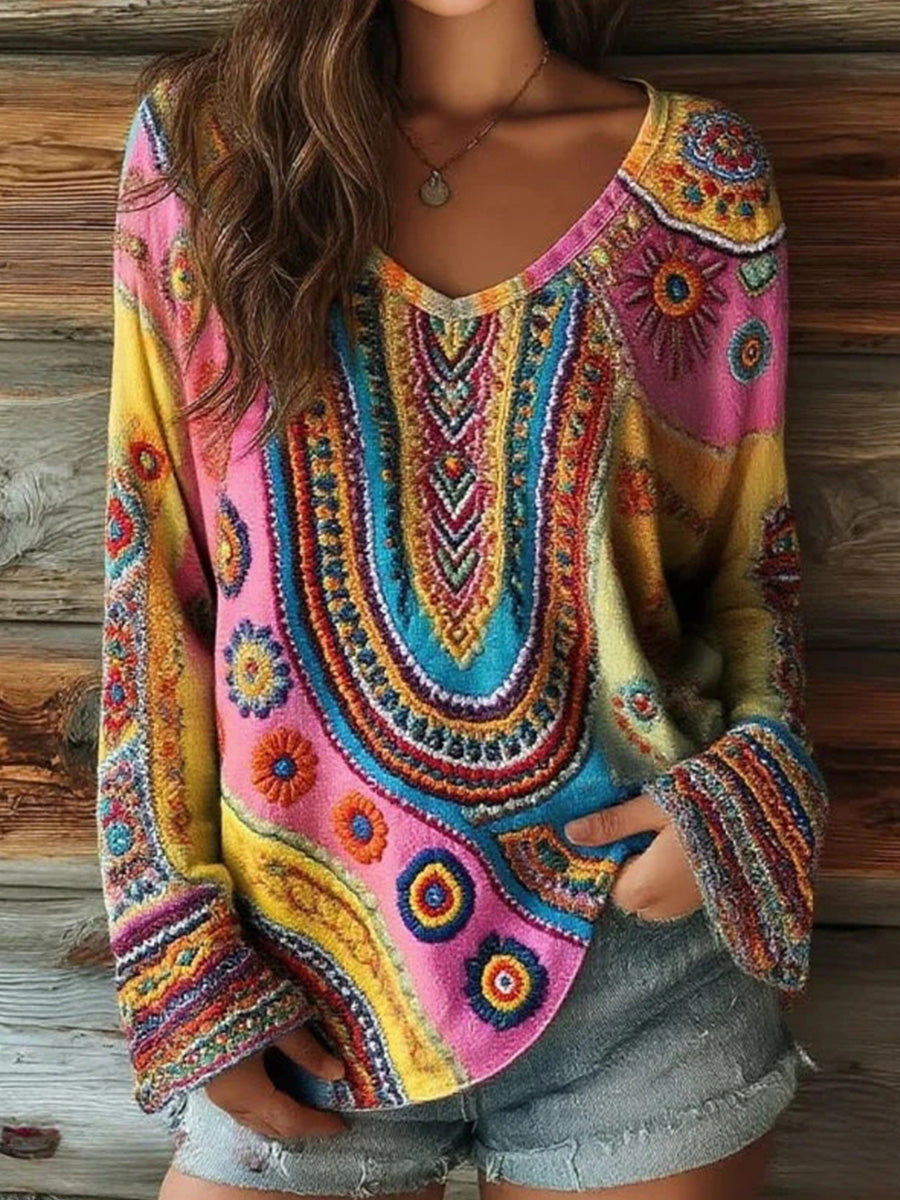 Vintage Colourful V-neck Long Sleeve Blouse