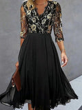 Black V-Neck 3/4 Sleeve Midi Dress