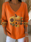 Women's Casual Pumpkin Floral V-neck Long Sleeve T-Shirt