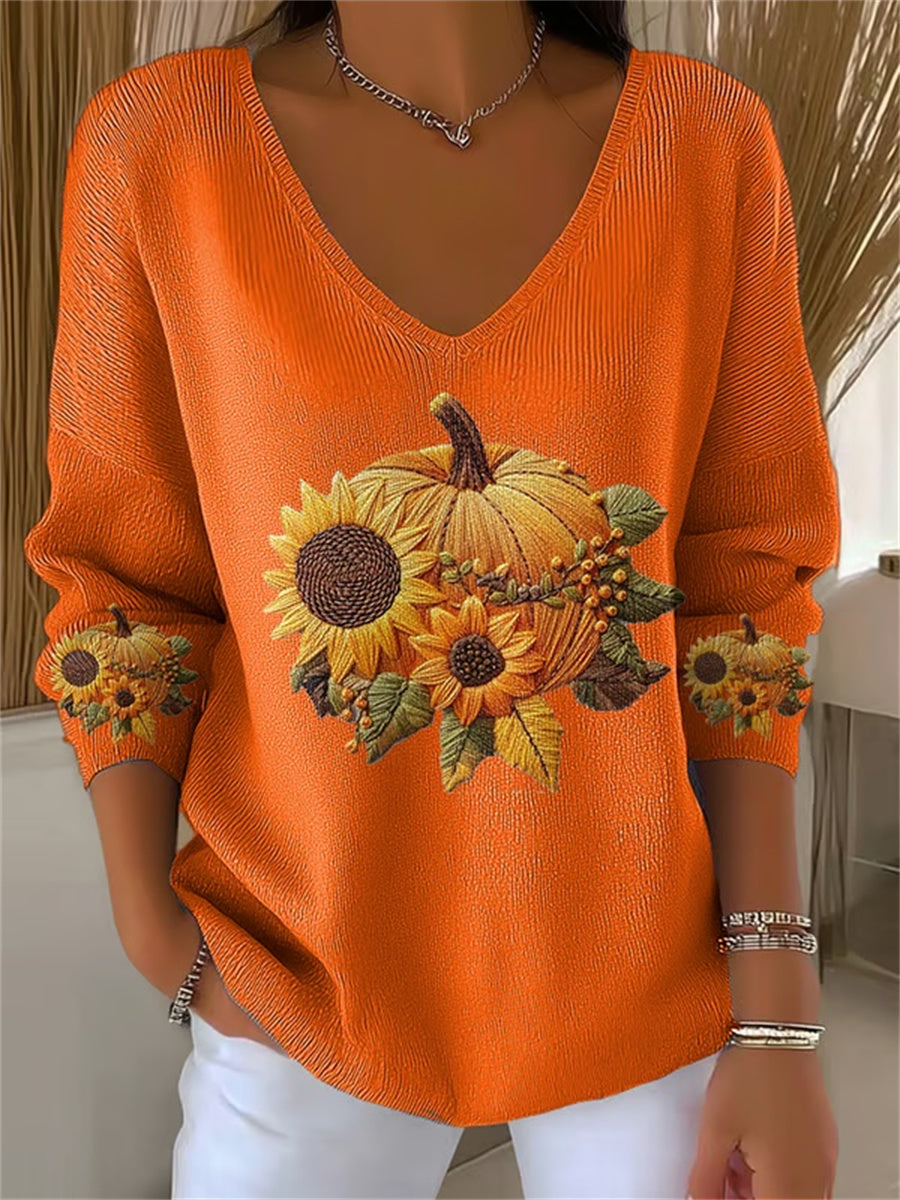 Women's Casual Pumpkin Floral V-neck Long Sleeve T-Shirt