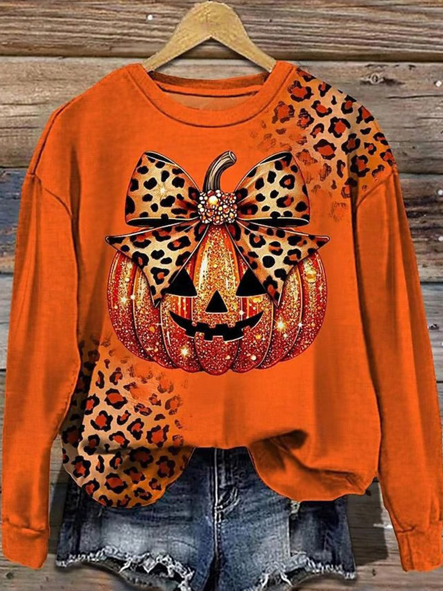 Women's Casual Retro Autumn Pumpkin Print Round Neck Long Sleeve Sweatshirt