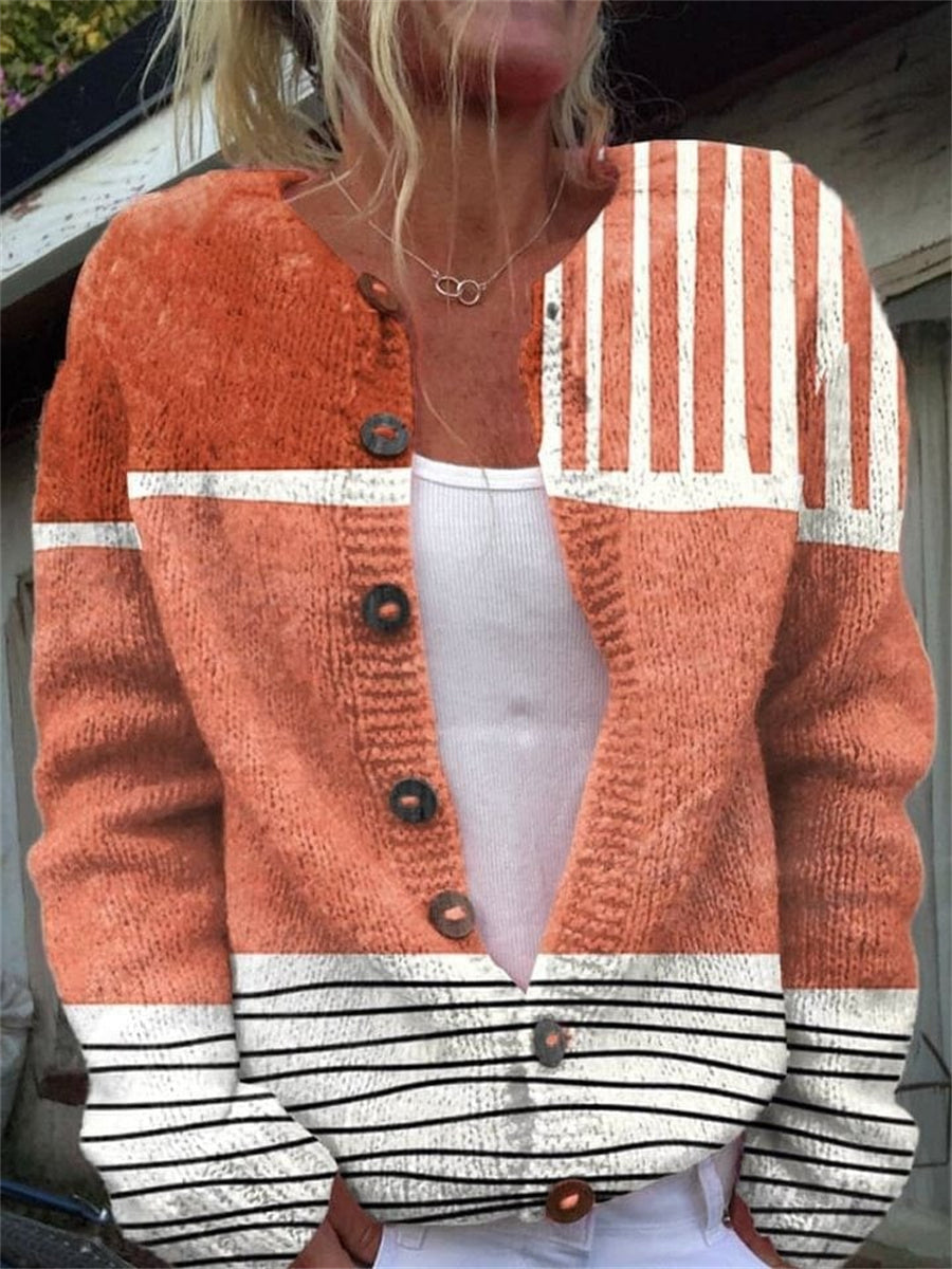 Vintage Color Block Stripe Print Long Sleeve Comfy Loose Cardigan