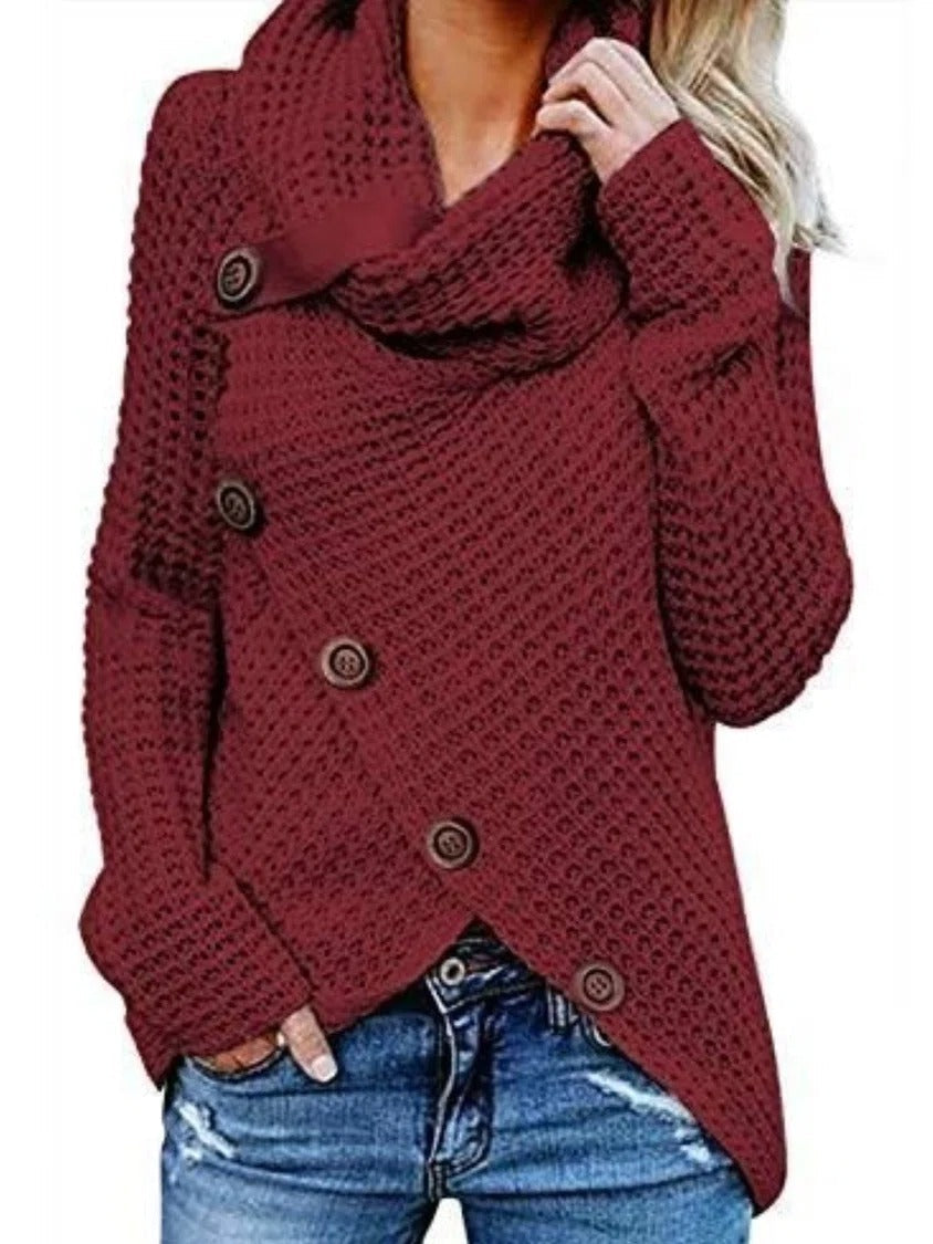 Wine Red Casual Solid Long Sleeve Sweater with Buttons