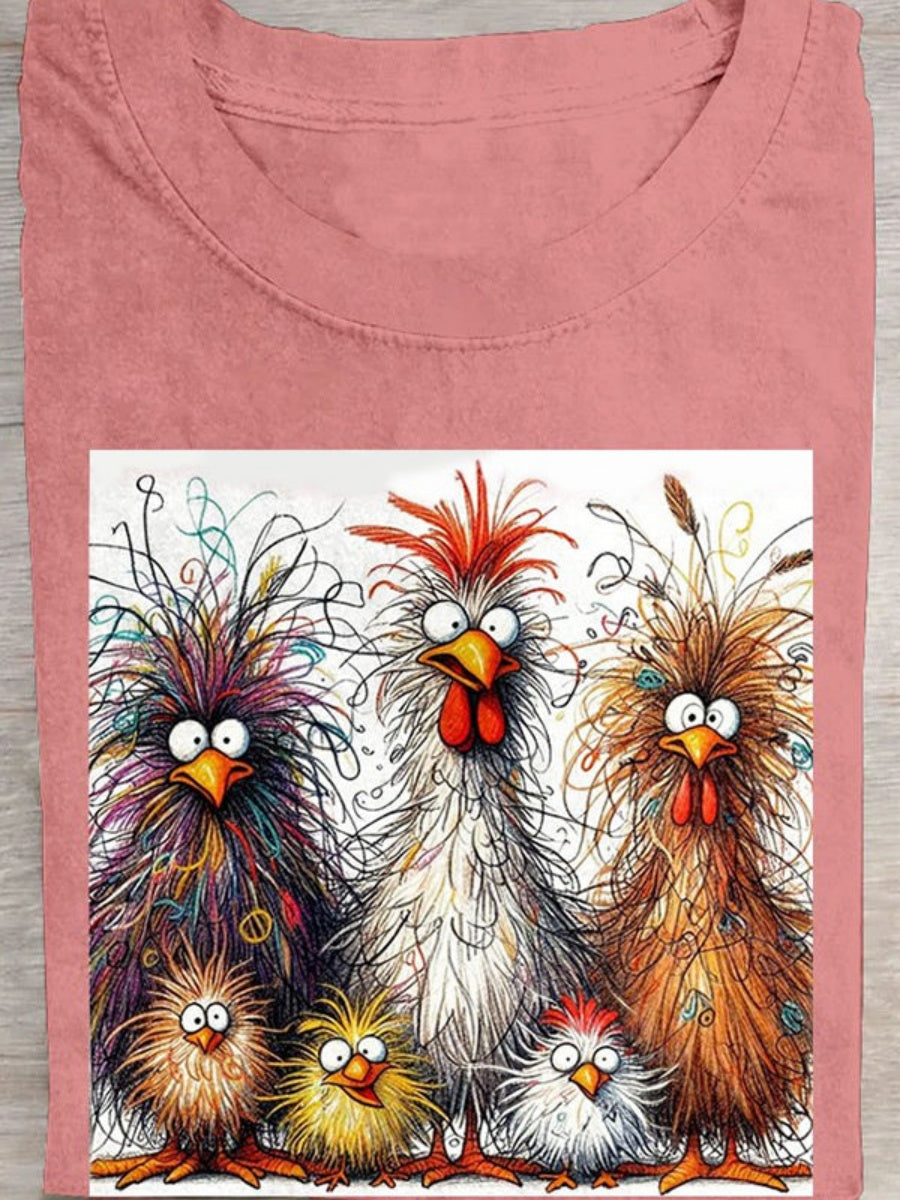 Fashion Casual Cute Chicken Animal Pattern Crew Neck Short Sleeve Cotton T-Shirt