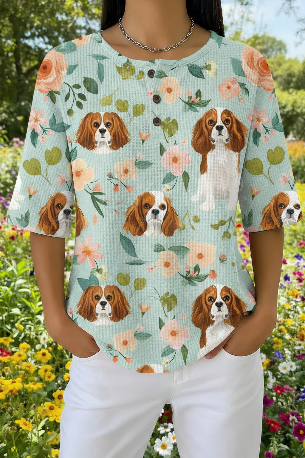 Womens Light Green Floral Cavalier Spaniel Print Casual Shirt