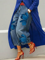Women's Artistic Red Blossom Wide Leg Jeans