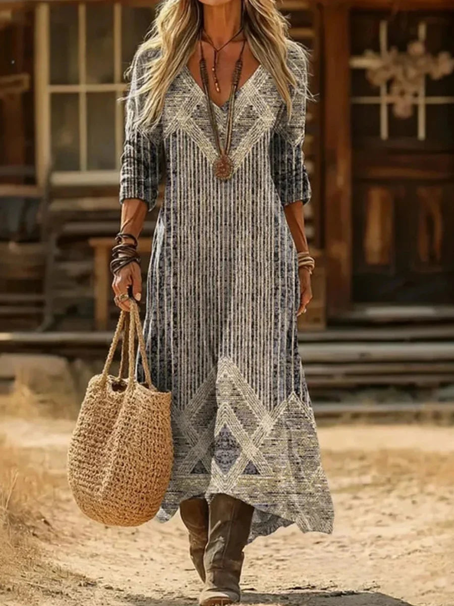 Vintage Casual V-neck Long Sleeve Dress