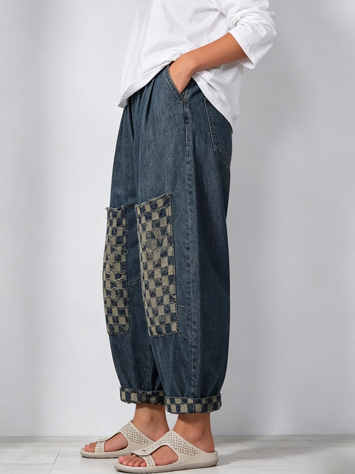 Casual Retro Plaid-paneled Cropped Denim Jeans