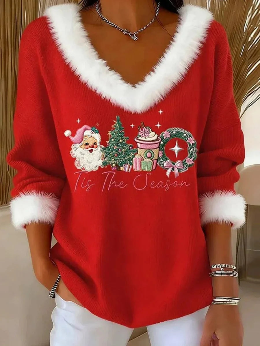 Cute Red V-neck Long Sleeve Christmas Faux Fur Trim Top