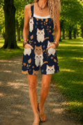 Women’s Navy Cute Cat Print Casual Cotton Wide Leg Romper