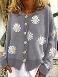 Gray Casual Graphic Tops Long Sleeve Round Neck Floral Printed Sweater Coat