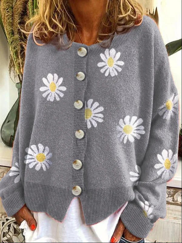 Gray Casual Graphic Tops Long Sleeve Round Neck Floral Printed Sweater Coat