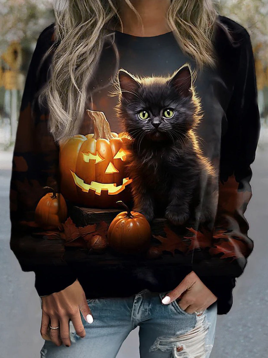 Black Halloween Pumpkin Round Neck Sweatshirt