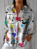 Vintage Music Note Pattern Long Sleeve Blouse