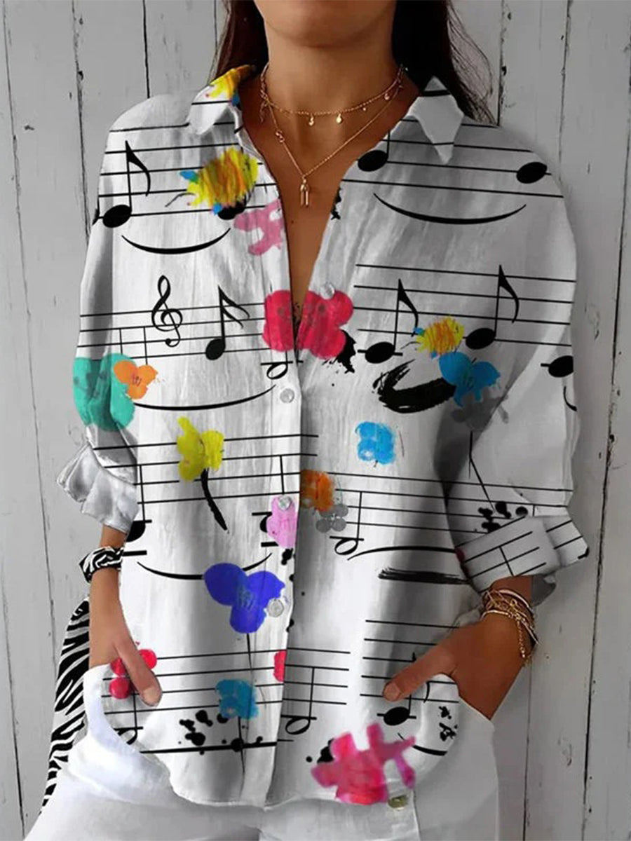 Vintage Music Note Pattern Long Sleeve Blouse