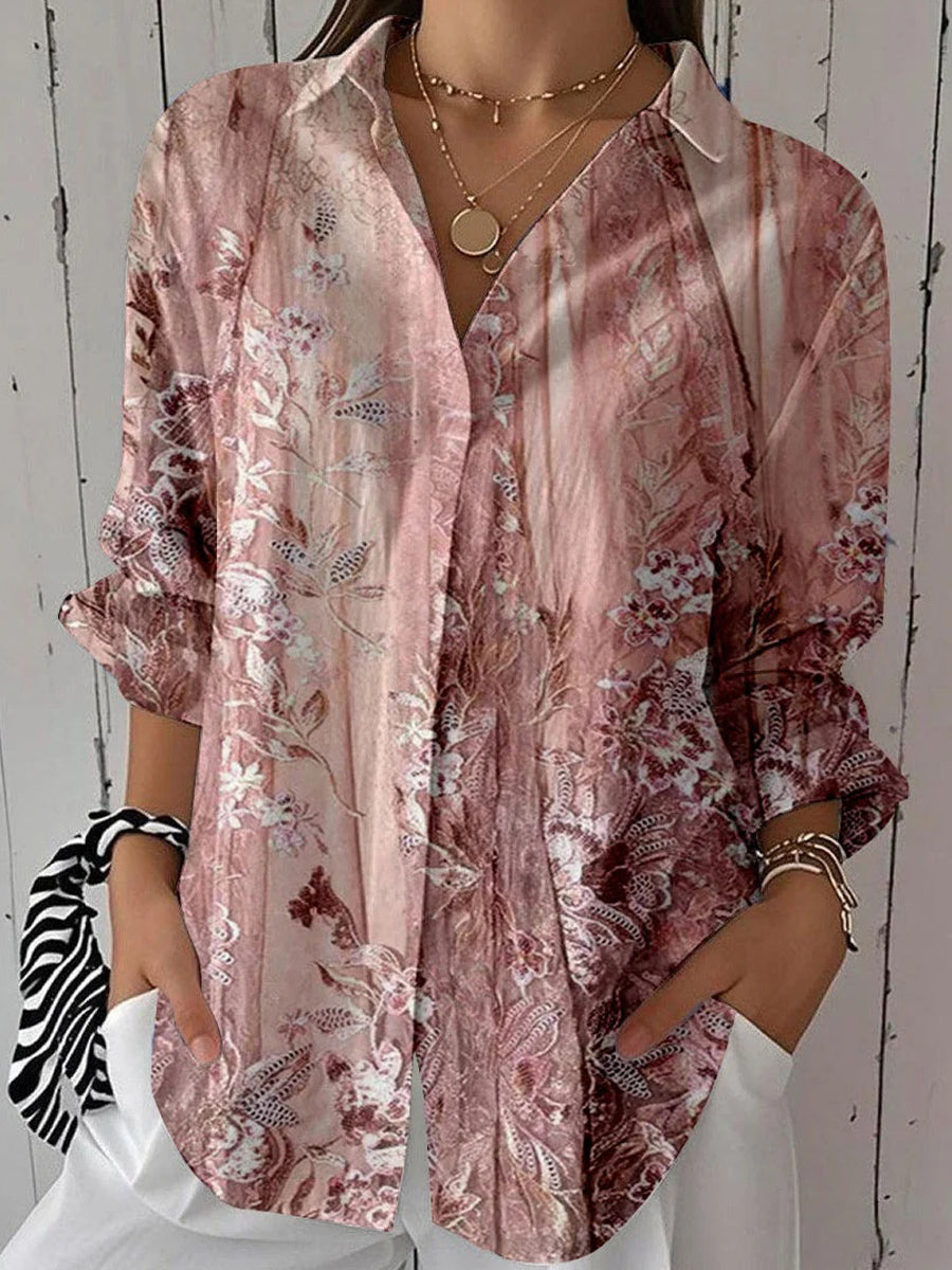 Women 3/4 Sleeve Lapel Floral Printed Pink Top