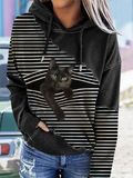 Black Cat Print Patchwork Striped Long Sleeve Hooded Sweatshirt