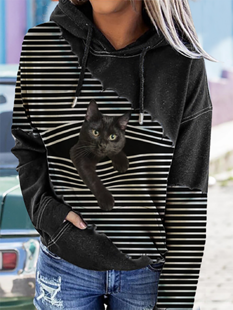 Black Cat Print Patchwork Striped Long Sleeve Hooded Sweatshirt