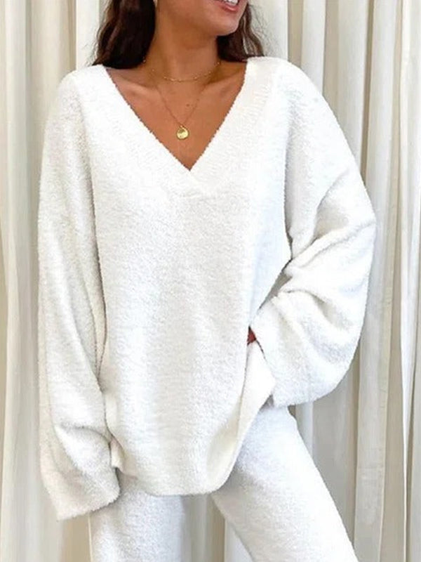 White Solid Casual Sweater Suit