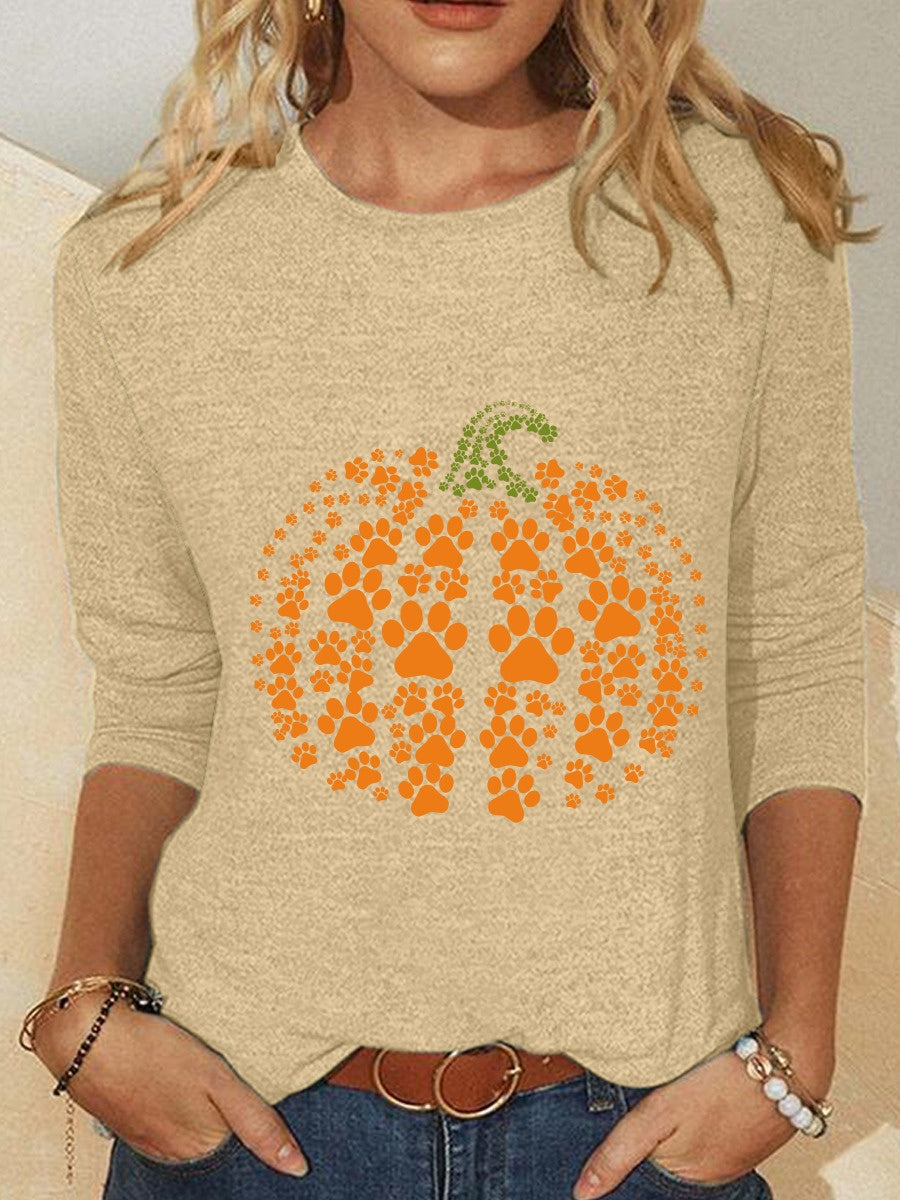 Halloween Crew Neck Long Sleeve Pumpkin Print Blouse