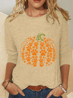 Halloween Crew Neck Long Sleeve Pumpkin Print Blouse