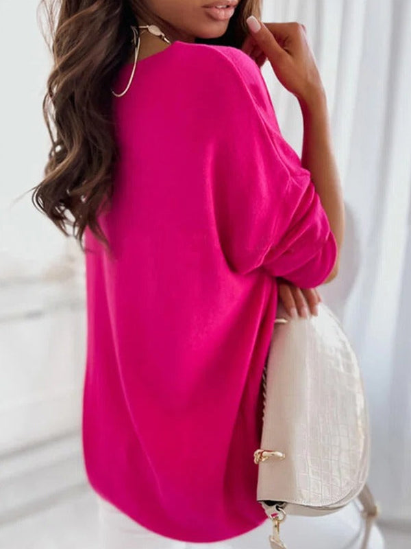 Rose Solid Casual V-neck Long Sleeve Sweater