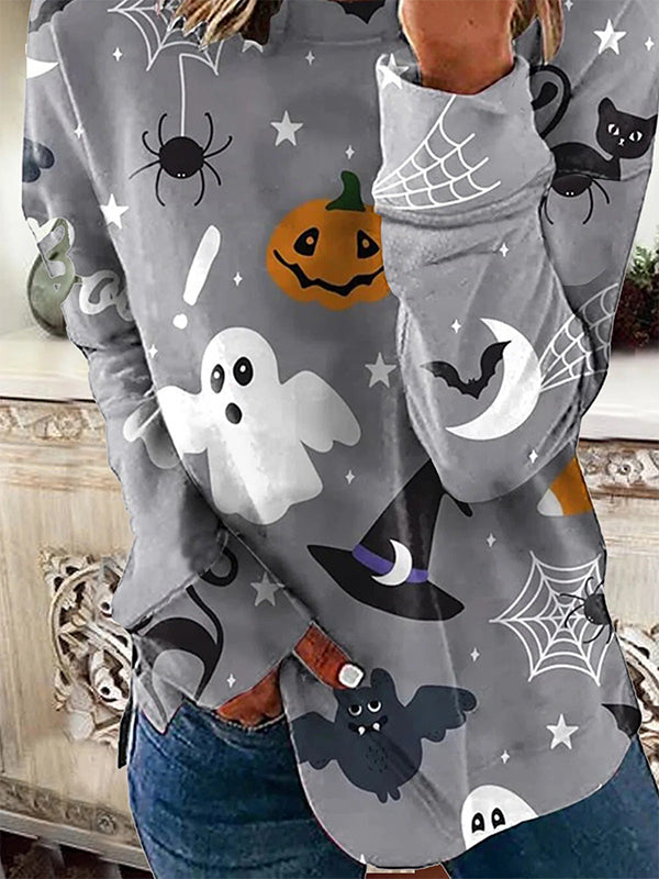 Gray Casual Graphic Tops Round Neck Long Sleeve Halloween Printed Sweatshirts