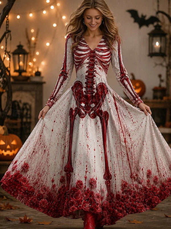 Gothic Skeleton Print Long Sleeve Maxi Dress