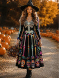 Colorful Sugar Skull Print Gothic Maxi Dress
