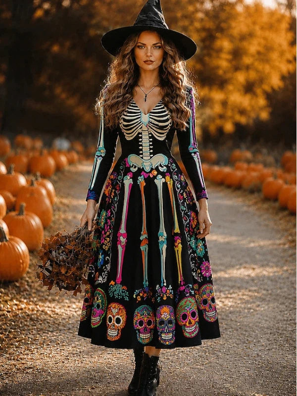 Colorful Sugar Skull Print Gothic Maxi Dress
