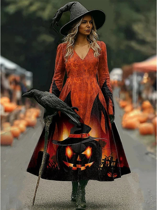 Halloween Witch & Pumpkin Print Dress