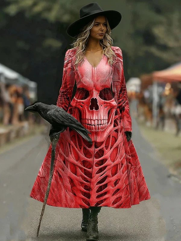 Skeleton Print Halloween Long Sleeve Dress