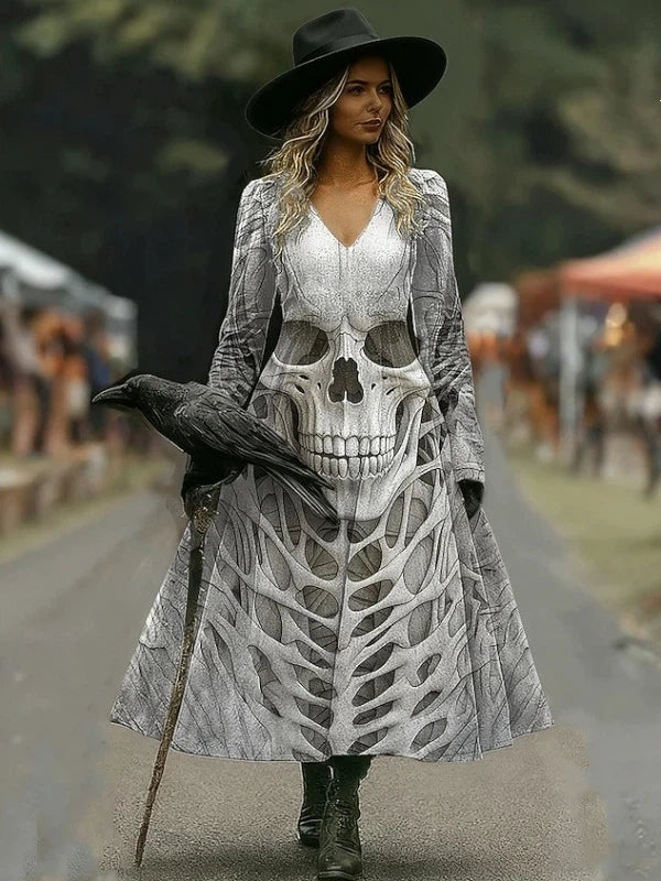 Skeleton Print Halloween Long Sleeve Dress