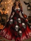 Gothic Skull Print Long Sleeve Maxi Dress