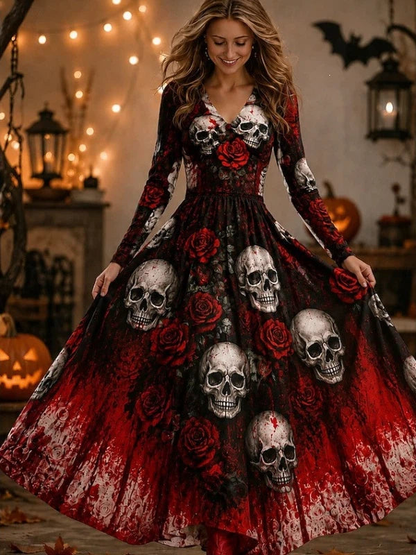 Gothic Skull Print Long Sleeve Maxi Dress
